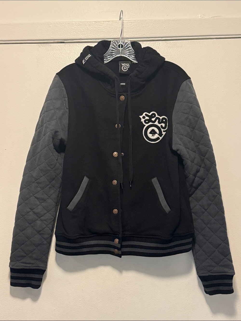 Preowned Excellent Con Kids Black & Gray Quilted Sleeve Hooded Jacket Size M